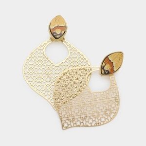 NWT Brown Wood Golden Teardrop Filigree Metal Earrings